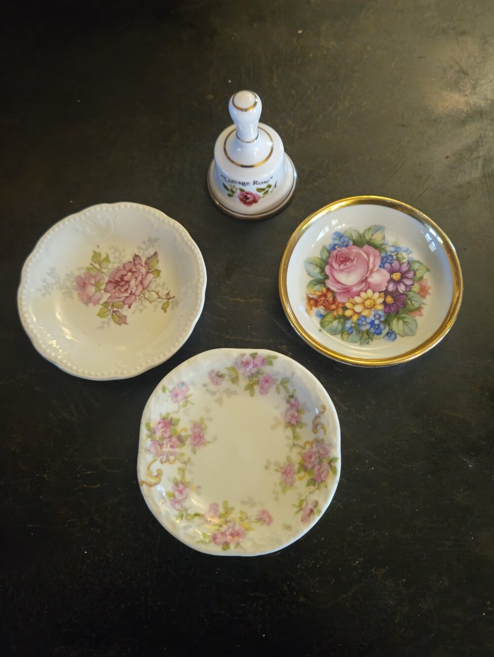 Vintage Floral Porcelain Trinket Dishes and Bell - White with Pink Floral